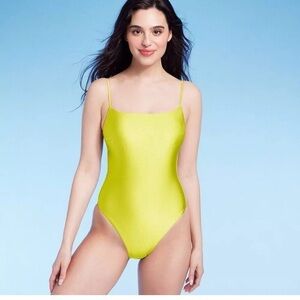 Square Neck High Leg Cheeky A Piece Swimsuit Shade & Shore Lime Green Shine M
